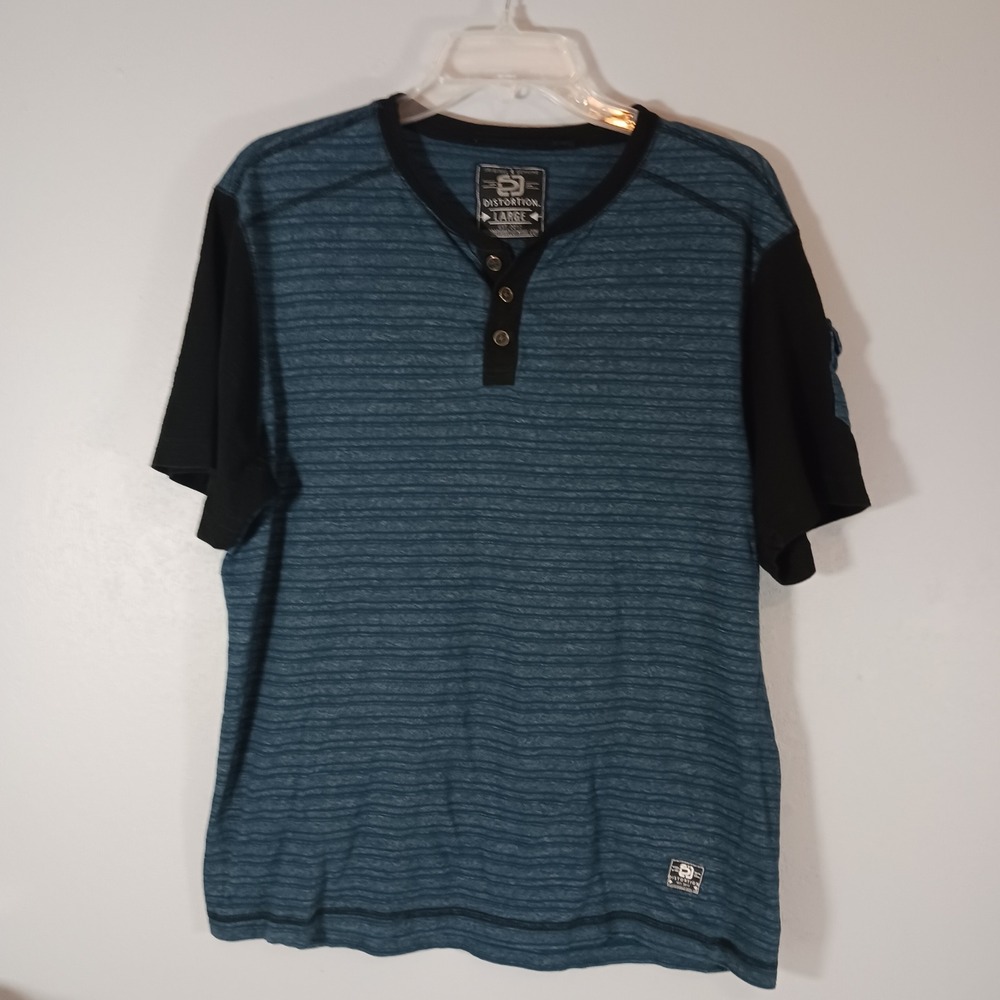 Distortion Henley Shirt Mens Large Blue Excellent Striped Sleeve Pocket Cotton